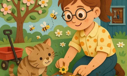 A young inventor named Ellie kneels in the grass assembling colorful gears on a wooden board, smiling and focused with brown hair in a ponytail, round glasses, a polka-dot blouse and oil-smudged hands holding a small golden gear; a round playful tabby cat called Whiskers sniffs a gear near a red wagon to her left, small yellow-and-black bees circle and land on some gears, and behind them a blossoming apple orchard, green grass with daisies and a small blue wooden workshop with an open window and visible tools set a gentle, luminous, paper-cut–style scene of clicking, fitting gears and wonder with crisp shadows.