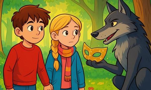 Er zijn 3 personages: - Bram: een 10-jarig jongen met rommelig bruin haar, nieuwsgierige ogen en een verlegen glimlach. Hij draagt een rode trui en een spijkerbroek. Hij staat iets naar voren, kijkt vastberaden naar de wolf. - Lotte: een 10-jarig meisje met gevlochten blond haar, sprankelende ogen en een uitdrukking die zowel nieuwsgierig als voorzichtig is. Ze draagt een blauwe jas en een kleurrijke sjaal. Ze staat naast Bram en houdt zijn hand vast ter ondersteuning. - De wolf: een majestueus wezen met grijs en zwart vacht, doordringende ogen en een sluwe glimlach. Hij zit op een boomstronk, lichtjes naar de kinderen gekanteld, en kijkt hen met een geïntrigeerde blik aan. De locatie is een betoverende open plek, omringd door grote, dikke, knoestige bomen met felgroene bladeren. De grond is bedekt met een tapijt van kleurrijke bloemen en zachte mos. Het zonlicht filtert door de takken en creëert gouden patronen op de grond. De belangrijkste situatie van het verhaal toont Bram en Lotte tegenover de wolf, die hen een glinsterend masker aanbiedt. De kinderen, hoewel gefascineerd, uiten hun aarzeling en houden elkaar stevig vast, terwijl de wolf met een charmante glimlach hen lijkt aan te moedigen zijn aanbod te accepteren.