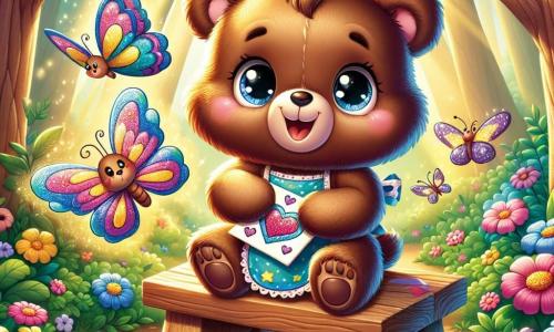 Un piccolo orso marrone con occhi scintillanti e un sorriso radioso, indossando un grembiule colorato, è seduto a un tavolo di legno, circondato da bellissime cartoline decorate con cuori e fiori. Sembra felice e emozionato, tenendo una carta tra le zampe, pronto a regalarla alla sua mamma. Accanto a lui, una farfalla colorata con ali brillanti, nei toni del blu e del viola, vola gioiosamente intorno a lui, incoraggiandolo nella sua creazione. La scena si svolge in una foresta incantata, con grandi alberi e foglie verdi che formano un riparo naturale. Fiori dai colori vivaci punteggiano il terreno, mentre i raggi di sole filtrano tra il fogliame, illuminando lo spazio con una dolce luce dorata. In questa illustrazione, il piccolo orso sta preparando una sorpresa per la festa della mamma, circondato dalle sue creazioni colorate.