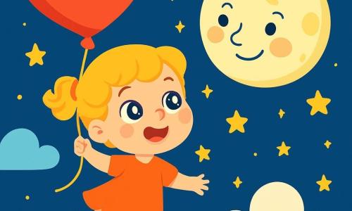Una bambina di 4 anni, con occhi brillanti come stelle e capelli biondi ricci, fluttua gioiosamente nel cielo, tenendo un grande palloncino a forma di cuore. Ha un sorriso meravigliato, con le guance arrossate dall'emozione dell'avventura. Accanto a lei, la Luna, con un volto dolce e benevolo, brilla di un luccichio argentato, circondata da piccole stelle scintillanti che danzano intorno a lei. Il cielo è di un blu profondo, punteggiato di nuvole soffici e bianche, mentre stelle dorate illuminano la scena, creando un'atmosfera magica e sognante. La bambina guarda la Luna con curiosità, pronta a farle domande sulle stelle che brillano nella notte.
