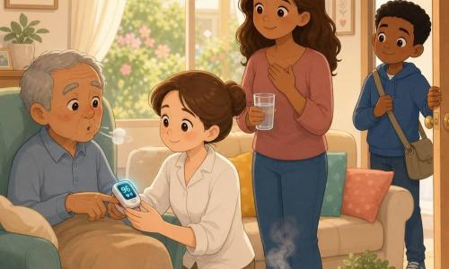La doctora Clara, con semblante calmado y amable, arrodillada junto a un sillón coloca un pulsioxímetro en el dedo de Don Julián, un hombre de unos 75 años sentado con una manta; Marta, con expresión aliviada y un vaso de agua, y Nico, un chico de ~12 años con sudadera azul que mantiene la puerta entreabierta y observa imitando la respiración, acompañan en un salón cálido y luminoso; la escena muestra una visita domiciliaria serena donde la doctora mide la saturación de oxígeno y la familia ofrece apoyo esperanzador.