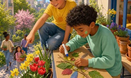 Two boys: a 9-year-old with light brown short hair and rebellious strands, wearing a sunny yellow T‑shirt and faded jeans, sitting on the left balcony edge pointing at the flowers below; and an 8-year-old with curly black hair and a paint smudge on his cheek, in a mint green sweatshirt and canvas shorts, on the right leaning over a large cardboard on the railing, gluing leaves and feathers for a collage. Urban, leafy second-floor balcony with terracotta pots, dark soil, small green plants and beds of yellow daffodils and red tulips below, blurred city in the background, warm morning light and soft shadows under a pastel blue sky. Main scene: the boys making a spring collage on a large cardboard with arranged leaves, twigs and colorful feathers, a red ladybug near the edge, focused joyful expressions, fresh bright atmosphere with vivid colors and tactile textures.