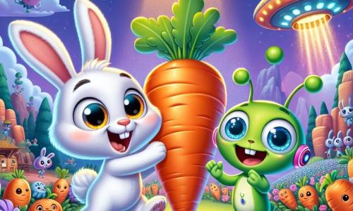 Al centro dell'immagine, un coniglietto di nome Lino, con il pelo bianco e grandi orecchie, esprime una gioia immensa saltando con entusiasmo. I suoi occhi brillano di eccitazione mentre tiene una carota gigante tra le zampe. Accanto a lui, Zub, un extraterrestre verde con grandi occhi blu e antenne danzanti, sorride con gratitudine, le braccia aperte in segno di amicizia. Si trovano davanti a un'astronave colorata, scintillante sotto le stelle. Il paesaggio è quello incantevole di Carottonia, pieno di carote giganti dai colori vivaci, fiori brillanti e un cielo stellato, dove le stelle brillano come diamanti. La scena principale mostra Lino e Zub che celebrano la loro vittoria dopo aver recuperato la carota magica, circondati da Carottoniani gioiosi che ballano e applaudono, creando un'atmosfera festosa e calorosa.