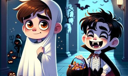 A 12-year-old boy, Max, stands in the center of the image, dressed in a white sheet as a ghost costume, with round, curious eyes shining with excitement and apprehension. His messy brown hair and slight smile reveal his growing enthusiasm for Halloween. To his right, Tyler, his best friend, also 12, is dressed as a vampire with a black cape and fake fangs. He has messy black hair and a mischievous look, laughing while holding a overflowing candy bag. The setting is a dark school hallway decorated with shimmering spider webs and flickering lights. Shadows dance on the walls, creating a mysterious yet festive atmosphere, while a large paper tree and illuminated pumpkins add a touch of magic. The main scene shows Max and Tyler, united by their friendship, preparing for a candy hunt challenge, surrounded by a light mist that adds an enchanting vibe to their Halloween adventure.