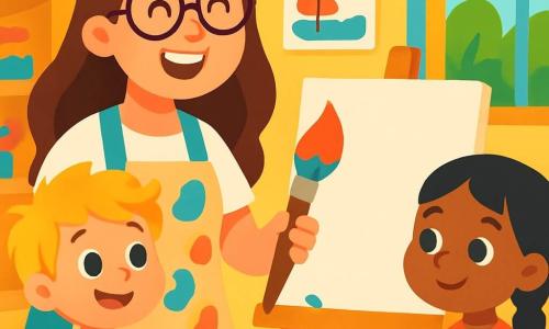 Maya, a cheerful woman with long brown hair and round glasses, smiles widely while holding a large colorful brush. She wears a paint-splattered apron and stands in front of a white canvas, ready to create a piece of art. Next to her, a 7-year-old boy with messy blonde hair and sparkling eyes watches in amazement. He holds a paint palette in his small hands and seems eager to start painting. Another child, a 6-year-old girl with black braids and a shy smile, observes carefully, a pencil in hand, ready to draw. The scene takes place in a bright art studio with vivid yellow walls, shelves filled with colorful paint pots, and artwork hanging everywhere. Sunlight filters through a large window, illuminating the creative space. Maya explains to the children how to use colors to express their emotions as they prepare to create joyful and colorful artworks together.