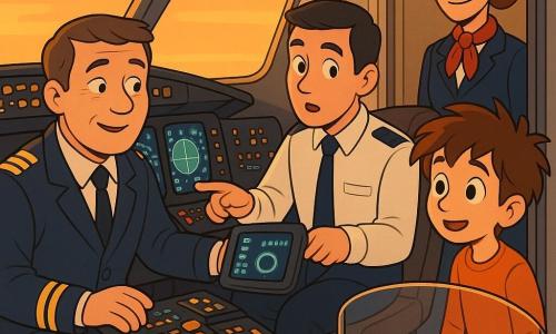 Un capitán de unos 40 años, rostro redondo, cabello corto castaño con canas, mirada serena y ligera sonrisa, viste chaqueta azul marino con hombreras doradas y está sentado a la izquierda del cockpit explicando los instrumentos con una mano en el mando; un copiloto de unos 30 años, pelo corto negro y expresión concentrada y asombrada, sentado a la derecha mostrando una lectura en pantalla; una azafata, Marta, de unos 35 años, pelo castaño recogido y expresión cálida, de pie junto a la puerta supervisando con una sonrisa; un niño, Leo, unos 12 años, pelo despeinado y ojos brillantes, de pie tras la línea de seguridad pegado a la ventana, fascinado por botones y pantallas; cockpit iluminado por un atardecer naranja, paneles oscuros con botones coloridos, pantallas verdes y azules y reflejos dorados; escena de vuelo con el capitán enseñando al niño, el copiloto confirmando lecturas y una atmósfera de seguridad y asombro.