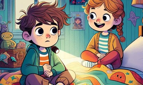 An 8-year-old boy, Sam, with messy brown hair and sparkling curious eyes, is lying on a bed surrounded by colorful blankets. His face shows slight worry but also excitement as he looks around in the dim light of the room. Next to him, his best friend Sarah, an 8-year-old girl with braided blonde hair and a warm smile, is sitting cross-legged on the bed, holding a flashlight that illuminates their faces. She looks cheerful and encouraging, ready to share a fun story to chase away Sam's fear. The scene takes place in a child's room decorated with superhero posters and fairy lights, creating a cozy atmosphere despite the darkness. The walls are painted light blue, and toys are scattered on the floor, adding liveliness to the space. In this illustration, Sam and Sarah are telling stories about friendly monsters and aliens in a playful atmosphere, transforming the fear of the dark into a fun and imaginative adventure.