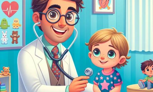 Um homem, o doutor Pedro, é um médico sorridente de quarenta anos, com cabelos castanhos e óculos redondos. Ele exibe um grande sorriso caloroso e um avental branco, segurando um estetoscópio, pronto para ouvir o coração de uma criança. Ao seu lado, Ana, uma menina de 8 anos com cabelos loiros e tranças, observa o doutor com olhos cheios de esperança, sentada em uma mesa de exame, vestindo uma camiseta rosa com estrelas. Outro personagem, um menino de 6 anos, tem os joelhos machucados e um olhar preocupado. Ele tem cabelos castanhos bagunçados e usa uma camiseta azul, observando o doutor com admiração. A cena acontece em um consultório médico colorido, com paredes pintadas de azul claro, cartazes de desenhos animados sobre saúde e brinquedos espalhados pelo chão. O doutor Pedro examina Ana com atenção, pronto para ajudá-la a se sentir melhor, enquanto o menino aguarda sua vez, esperando também receber cuidados.