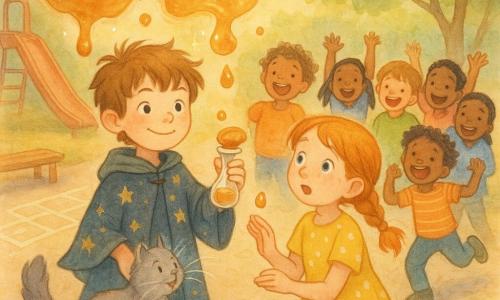 A boy apprentice wizard, Timmy (about 9), round face, mischievous eyes, tousled light brown hair, wearing a short midnight-blue robe with gold stars and a small green cape, smiles confidently while holding a vial that releases a sparkling caramel cloud above his hand; to his right a friend, Annie (about 9), with braided red hair and a yellow polka-dot dress, reaches out to catch a drop, and a small fluffy gray cat named Nimbus jumps onto a nearby wooden bench with a caramel-stained paw; several children (7–10) form a semicircle laughing and raising their arms in colorful clothes, the scene set in a paved schoolyard with hopscotch, a red slide, wooden benches and luminous trees edging a distant magical forest in late-afternoon light, as golden caramel rain drifts down, creating an enchanting, playful atmosphere with warm caramel and pastel tones and soft watercolor textures highlighted by white sparkles.