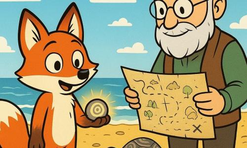 A curious fox named Fenn, with bright eyes and a vibrant red coat, holds a small stone engraved with a luminous spiral, his expression is one of wonder and attentiveness. Next to him, Mr. Reed, a wise old man with a neatly groomed gray beard and round glasses, examines a map with a benevolent smile, standing on a golden sandy beach. The beach is dotted with shimmering shells and small pools of water reflecting the blue sky. In the background, a rare sea turtle with a marbled shell of spirals rests peacefully near the gentle waves, watching the scene with wise eyes. The main situation shows Fenn and Mr. Reed discovering the hidden treasure of the beach, surrounded by the natural and mysterious beauty of the coast.