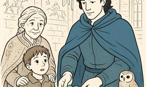 Arslan, a calm, attentive man with slightly messy black hair and a large blue cloak, kneels slightly as he places a small polished jade heart on blue silk at the center of an altar; to his left a round-faced, amazed eight-year-old boy in a worn coat holds a small wooden amulet and watches, while behind him a serene elderly woman with braided gray hair and an embroidered coat rests a reassuring hand on his shoulder; a hand-sized golden owl with round eyes perches on the right of the altar; the temple interior is spacious and bright with light stone walls carved with riders and stars, large windows letting in beams of light and prayer ribbons on the columns, the scene conveying a solemn calm, clear contrasts, and a centered composition easy for a child to understand.