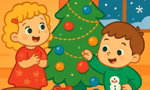 There are 2 main characters: - Lily: a 2-year-old girl with curly blonde hair, wearing a red dress with snowflake patterns. She is standing near the tree, her eyes shining with joy. - Max: a 2-year-old boy with brown hair and round cheeks, dressed in a green sweater with a snowman. He is slightly leaning forward, holding a red ornament, ready to decorate the tree. The scene takes place in a warm living room decorated for Christmas. A large green tree sparkles with golden garlands and colorful ornaments. Snowflakes gently fall outside through a large window, and multicolored lights illuminate the room. A plate of golden cookies rests on a wooden table, adding a festive touch. The main situation shows Lily and Max decorating the Christmas tree together, filled with excitement and happiness. They laugh and marvel at the decorations, creating a magical and joyful atmosphere.