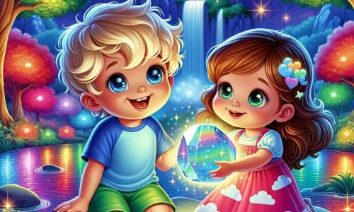 A small boy, about 6 years old, with curly blonde hair, is wearing a blue t-shirt and green shorts. He glows softly, floating in a starry sky, with a big smile on his face. Next to him, a 5-year-old girl with brown hair and sparkling eyes is dressed in a pink dress with cloud patterns. She sits on a shiny large stone, holding a sparkling rock in her hands, her eyes wide with wonder. The setting is an enchanting landscape, where a brightly colored stream winds through a magical forest. The tall, majestic trees have leaves that sparkle like stars, while the stream reflects shades of red, blue, and green, creating a vibrant rainbow. The main scene shows the two children, in awe, making a wish together while holding the magical rock, surrounded by twinkling lights and vibrant colors that dance around them, symbolizing the magic of their wish.