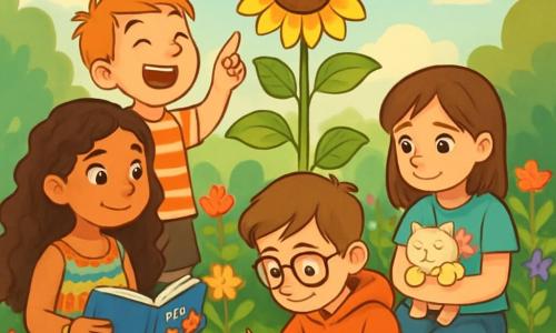 There are four children: Mia, a 12-year-old girl with long curly hair and sparkling eyes, wearing a colorful dress and a beaded bracelet. She is sitting on the ground with crossed legs, smiling gently while holding a storybook. Jake, a 12-year-old boy with short messy hair, is standing next to Mia, laughing and pointing at the sky as if telling a joke. Lily, a 12-year-old girl with smooth brown hair, is sitting next to Mia, with tears in her eyes but a slight smile on her face, holding a small cat plush toy. Sam, a 12-year-old boy with glasses and brown hair, is crouched in front of them, drawing in a notebook, capturing the moment attentively. The scene takes place in a sunny garden filled with colorful flowers and lush greenery. In the center, a tall sunflower stands majestically, its bright yellow petals swaying gently in the breeze. In the background, a clear blue sky is dotted with fluffy white clouds, while a soft ray of sunshine illuminates the scene. The main situation shows the children gathered around the sunflower they planted in memory of Whiskers, Lily's cat. They share joyful memories while celebrating the life of their furry friend, creating a moment of tenderness and comfort amidst the sadness.