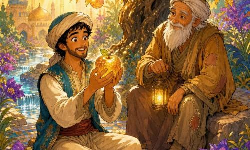 The main character is Amar, a man in his early thirties with tanned skin and bright eyes, wearing an amazed, gentle smile as he delicately holds a sparkling fruit in both hands; a secondary character is an elderly man of about 70 with a white beard and worn ochre clothing, seated on a nearby rock with a benevolent gaze, holding a small warm lantern beside Amar; the setting is a lush One Thousand and One Nights garden with golden-leaved trees, violet and turquoise flowers, glass-like glittering rivers, oriental floor mosaics and a large central tree bearing shimmering fruits; Amar stands before the tree of peace as golden light falls in soft rays, the fruit shining like a small mirror in a magical, peaceful scene of warm, vibrant hues.