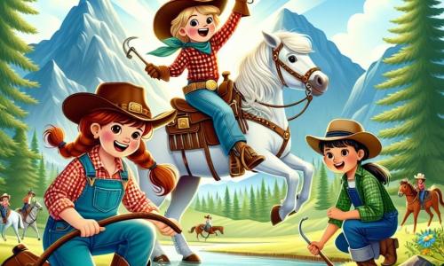 Clara, uma jovem cowgirl de 10 anos, está em primeiro plano, sorridente e cheia de entusiasmo, com um chapéu de cowboy de couro marrom, uma camisa xadrez vermelha e um jeans desbotado. Seus cabelos castanhos estão presos em uma trança, e ela segura as rédeas de seu cavalo, Estrela, um magnífico cavalo branco com crinas sedosas. Ao lado dela está Jake, um garoto de 9 anos com um chapéu de cowboy grande demais, uma camiseta azul e um short de denim. Ele está pulando de alegria, com os braços levantados, expressando sua felicidade por ter encontrado ouro. Um pouco mais longe, Lily, uma cowgirl de 11 anos com cabelos loiros em um rabo de cavalo, usa uma jaqueta de couro e botas de cowboy. Ela está agachada, examinando uma pequena pepita de ouro que acabou de descobrir, com um sorriso radiante no rosto. A cena acontece à beira de um lindo rio cintilante, cercado por montanhas majestosas e vegetação exuberante. O sol brilha alto no céu, fazendo a água brilhar como milhares de diamantes. A situação principal mostra Clara e seus amigos descobrindo pepitas de ouro na areia, cheios de excitação e felicidade, celebrando sua aventura juntos à beira do rio.