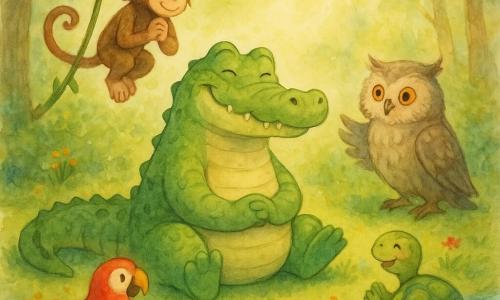 Un crocodil verde pal cu burtă crem, solzi texturați și dinți rotunjiți, șezând nemișcat pe burtă, concentrat dar zâmbind, cu coada întinsă pe iarbă; o mică maimuță Lala cu blană maro deschis, prinsă de o liană deasupra, privind admirativ cu mâinile împreunate; o bufniță bătrână cu pene gri-bej și ochi aurii, așezată pe o ramură joasă lângă crocodil, aripi ușor desfăcute; alți prieteni — un papagal colorat și o țestoasă cu carapace pictată — grupați în semicerc, aplaudând și zâmbind; scena e într-o poiană secretă cu iarbă verde, pete de flori roșii, galbene și albastre, un pârâiaș cristalin și raze de soare filtrate printre frunze, stil acuarelă cu stropi luminoși; moment de răbdare împărtășită, atmosferă caldă, veselă și ușor magică.