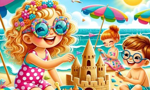 O fetiță de 6 ani, Sofia, cu părul blond creț și ochii strălucind de bucurie, construiește un castel de nisip pe plajă. Ea poartă un costum de baie roz cu buline și o pereche mare de ochelari de soare colorați. Lângă ea, prietenul ei Alex, un băiat de 6 ani cu părul brun și ochelari rotunzi, ține o găleată albastră și zâmbește adăugând scoici la castel. Maria, o altă prietenă de 6 ani cu părul castaniu și o rochie cu flori, stă pe nisip desenând modele cu un băț. Plaja este luminată de un soare strălucitor, cu valuri turcoaz care se sparg ușor pe țărm. Umbrele colorate și prosoape de plajă sunt împrăștiate în jurul lor, în timp ce pescărușii zboară pe cerul albastru. Sofia, Alex și Maria se distrează împreună, râzând și împărtășind idei pentru a înfrumuseța castelul de nisip, creând o scenă veselă și plină de viață.