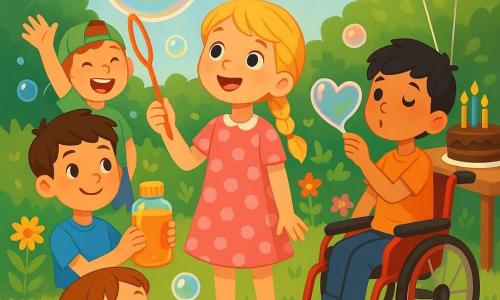 Jest pięcioro dzieci: Zosia, 7 lat, blond w warkoczu, różowa sukienka w groszki, stoi w środku trzymając dużą różdżkę do baniek i patrzy na ogromną unoszącą się nad nią bańkę; Julek, 7 lat, brązowe krótkie włosy, niebieski T-shirt, po lewej trzyma dużą butelkę z płynem do baniek i uśmiecha się dumnie; Karol, 8 lat, czarne włosy, na czerwonym wózku inwalidzkim po prawej dmucha delikatnie bańkę w kształcie serca, widoczne ręce i koło wózka; Kasia, 6 lat, jasnobrązowe kucyki, żółta sukienka, na pierwszym planie z wyciągniętymi rękami ku małej błyszczącej bańce; Marek, 7 lat, rude włosy, zielona czapka na odwrót, za grupą rozbryzguje małe bańki machnięciem ręki. Miejsce: słoneczny ogród z zieloną trawą, kolorowymi kwiatami i kamienną ścieżką; po prawej drewniany stół z czekoladowym tortem i świeczkami oraz balonami, na ziemi fragment wielobarwnych rysunków kredą. Sytuacja: warsztaty urodzinowe z wielkimi bańkami mydlanymi; ogromna półprzezroczysta, perłowa bańka odbija tęczowe kolory i unosi się nad nimi, wszystkie dzieci patrzą zachwycone, uśmiechnięte, gesty radosne, prosty wektorowy styl, czyste linie, jaskrawe kolory, jasna, centralna kompozycja.