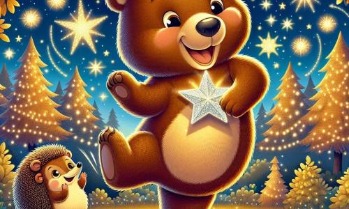 Un grande orso bruno, di nome Bruno, con un pelliccia morbida e occhi scintillanti di gioia, danza felicemente in una radura illuminata da stelle luccicanti. Il suo sorriso radioso mostra la sua felicità, mentre tiene una stella d'argento brillante tra le zampe. Vicino a lui, un piccolo riccio, un animale carino e spinoso, osserva con meraviglia, i suoi occhi rotondi e curiosi brillano di eccitazione, mentre applaude battendo le zampe. La radura è circondata da alberi maestosi con foglie dorate, e il cielo notturno è punteggiato di stelle scintillanti, creando un'atmosfera magica e festosa. Bruno e i suoi amici celebrano insieme il Capodanno, ballando e ridendo sotto il cielo stellato, circondati da decorazioni colorate e dolcetti, pronti ad accogliere un nuovo anno pieno di promesse.