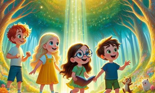 Im Herzen eines wunderschönen Glitzerwaldes stehen vier Kinder zusammen auf einer großen, glänzenden Regenbogenbrücke. Lilli, ein 8-jähriges Mädchen mit langen blonden Haaren und einem strahlend gelben Kleid, lächelt fröhlich, während sie Max' Hand hält. Max, ein 9-jähriger Junge mit zerzausten braunen Haaren und einem blauen T-Shirt, blickt mutig in die Ferne, bereit, Herausforderungen anzunehmen. Emma, ein 7-jähriges Mädchen mit braunen Haaren und runden Brillen, hält ein offenes Buch und ist fasziniert von den Geschichten, die sie erzählen könnte. Finn, ein 8-jähriger Junge mit roten Haaren und einer grünen Shorts, springt vor Aufregung und lacht laut. Ihre Umgebung ist bezaubernd: große majestätische Bäume mit funkelnden Blättern, bunte Blumen, die im Wind tanzen, und goldenes Licht, das durch die Äste filtert und eine magische Atmosphäre schafft. Die Hauptsituation zeigt die Kinder, die einem kleinen schelmischen Eichhörnchen gegenüberstehen, das sie mit einem Rätsel herausfordert, während eine große, weise Eule sie von einem Ast aus beobachtet, bereit, sie auf ihrem Abenteuer zu führen.