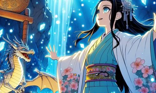Keiko, una joven valiente con cabello largo y negro, lleva un kimono tradicional con motivos de flores de cerezo. Su rostro expresa una determinación brillante, y sus ojos brillan con una luz de esperanza mientras se encuentra frente a un antiguo altar en una cueva misteriosa. A su lado, Ryuu, un pequeño dragón con escamas brillantes de azul y oro, agita sus alas con emoción, listo para ayudarla en su búsqueda. La cueva está adornada con cristales brillantes que reflejan la luz, creando un juego de sombras y colores vibrantes en las paredes rocosas. Símbolos antiguos están grabados en el altar, iluminados por una suave luz que emana de una piedra central. La escena principal muestra a Keiko cantando un antiguo ritual para reforzar el sello del titán, mientras Ryuu la anima con destellos de luz a su alrededor, creando una atmósfera mágica y llena de tensión.