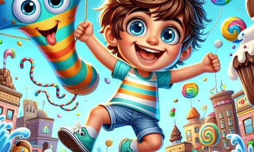 Al centro dell'immagine, un ragazzo di 10 anni di nome Luca, con capelli castani arruffati e occhi brillanti di curiosità, salta di gioia con un grande sorriso sul volto. Indossa una maglietta a righe colorate e un pantaloncino di jeans, tenendo un calzino blu con motivi di pesci che fluttua felicemente accanto a lui. Alla sua destra c'è un personaggio secondario importante: Finny, il calzino aquilone, con un'espressione giocosa e braccia di stoffa che si agitano nell'aria, come se stesse ballando. Sullo sfondo, la scena si svolge nella città fantastica di Tortopolis, dove gli edifici sono fatti di cioccolato e caramelle, con fontane di sciroppo colorato e alberi di zucchero filato, creando un'atmosfera gioiosa e ludica. Luca e Finny si slanciano in aria, circondati da caramelle cantanti che danzano intorno a loro, mentre un grande cupcake sorridente si trova nelle vicinanze, pronto ad accoglierli in questa avventura dolce.