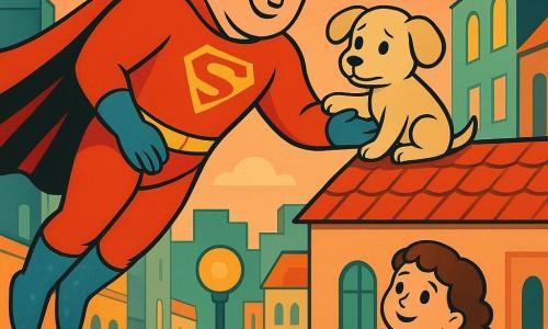 A smiling, confident, warm superhero in a shiny red cape, blue glittery boots and a red-and-yellow suit gently floats down to rescue a small beige fluffy puppy (Timmy) with droopy ears who is perched on the edge of a red-tiled roof, while a curly-haired 6-year-old girl (Mia) in a colorful dress watches from the sidewalk, relieved and smiling; art-deco city street with pastel facades, round golden streetlights and a pink-orange twilight sky, soft stylized clouds; tender, secure, dynamic descent, centered composition, bright contrasting colors, clear lines and simple shapes suitable for toddlers.