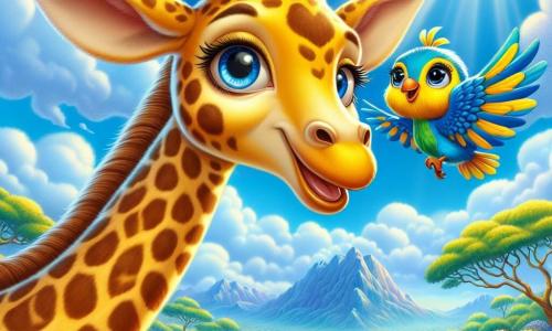 Uma girafa chamada Gigi, com um longo pescoço elegante e pelagem amarela salpicada de manchas marrons, flutua alegremente no ar, com os olhos brilhando de admiração. Suas grandes orelhas estão em pé, e um sorriso radiante ilumina seu rosto enquanto ela descobre o mundo de cima. Ao seu lado, um pequeno pássaro colorido chamado Pico, com penas azuis e amarelas, voa entusiasticamente, suas asas batendo rapidamente, como se estivesse encorajando Gigi a explorar. A cena ocorre em um céu azul brilhante, salpicado de nuvens brancas fofas, enquanto abaixo, a savana se estende com árvores verdes e flores vibrantes. Ao longe, majestosas montanhas se erguem, adicionando um toque de mistério ao horizonte. Gigi e Pico voam juntos em direção à Floresta das Cores, um lugar mágico onde as árvores brilham de mil cores e as flores dançam ao ritmo do vento, criando uma atmosfera encantadora cheia de alegria e aventura.