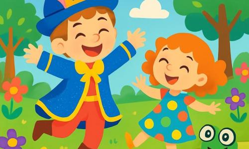 Un principe felice, il Principe Nino, di circa 8 anni, indossa un mantello scintillante e un cappello blu decorato con una piuma rosa. Il suo viso è illuminato da un grande sorriso e salta di gioia accanto a un lago cristallino. Accanto a lui, Streghetta Pasticcina, una bambina di 7 anni con capelli ricci arancioni e un sorriso splendente, fa una pirouette indossando un vestito a pois colorati. Più lontano, Rana Gilda, una rana con grandi occhi rotondi e occhiali giganti, salta felicemente sull'erba verde, spruzzando un po' d'acqua del lago. Lo scenario è un magnifico giardino incantato, con fiori multicolori, alberi dalle foglie brillanti e un cielo blu punteggiato di nuvole bianche e soffici. La scena principale mostra il Principe Nino e i suoi amici che ridono insieme, circondati da nuvole di zucchero filato, creando un'atmosfera gioiosa e magica.