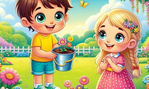 A 4-year-old boy named Leo, with messy brown hair and sparkling eyes, stands in the center of the image, smiling widely while holding a small bucket filled with flower seeds. He wears a bright yellow t-shirt and blue shorts, surrounded by colorful flowers beginning to bloom around him. Next to him, Mia, a 5-year-old girl with long braided blonde hair and a pink polka-dot dress, is crouched down planting seeds in the ground, her face glowing with excitement. She looks at Leo with a big smile, sharing this joyful moment. The setting is a lush spring park with a clear blue sky dotted with fluffy white clouds. Flowering trees surround the park, and colorful butterflies flutter around them, adding a touch of magic to the scene. The main focus shows Leo and Mia planting flower seeds together, surrounded by laughter and bright colors, symbolizing the joyful arrival of spring and friendship.