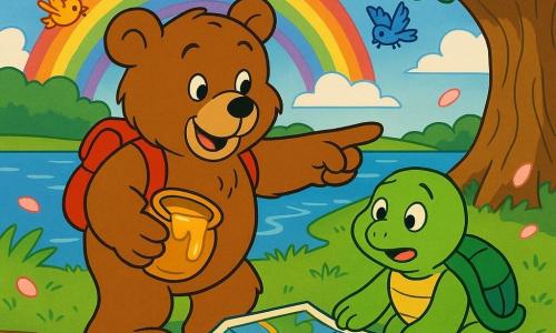 Bruno, un grande orso di peluche marrone dal pelo morbido, sorridente e con un piccolo zaino rosso, tiene una mappa aperta indicando la direzione e un vasetto di miele appiccicoso; Mia, una piccola tartaruga verde dal guscio rigato, appare sollevata e meravigliata mentre guarda la mappa vicino alle zampe di Bruno; sullo sfondo un lago calmo con riva erbosa, fiori di ciliegio rosa che volano, un grande quercia, un arcobaleno dopo la pioggia, pozzanghere che riflettono i colori e uccelli colorati; scena principale: Bruno aiuta Mia a ritrovare la sua casa al bordo del lago, sotto l'albero con la mappa aperta tra loro, atmosfera calda e avventurosa, colori saturi e contorni netti in stile cartone animato anni '90.