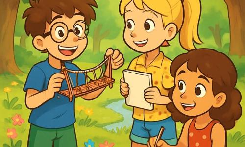 Há 3 personagens: - Lucas: um garoto de 10 anos, com cabelos castanhos bagunçados e óculos redondos. Ele usa uma camiseta azul e um short verde, e está mostrando um modelo de ponte de corda que fez, com um grande sorriso no rosto. - Sofia: uma menina de 9 anos, com cabelos longos e loiros, presos em um rabo de cavalo. Ela veste uma camisa de flores e um short jeans, olhando para Lucas com admiração, segurando um caderno de esboços. - Marta: uma menina de 10 anos, com cabelos cacheados e castanhos, vestindo um vestido vermelho com bolinhas brancas. Ela está sentada em uma pedra, desenhando Lucas e Sofia, com um olhar concentrado e alegre. O cenário é uma clareira verdejante, cercada por grandes árvores com folhas verdes brilhantes. O chão está coberto de flores coloridas, e uma luz suave do sol filtra através dos galhos, criando sombras dançantes no solo. Ao fundo, há um pequeno riacho que murmura suavemente, acrescentando um toque tranquilizador à atmosfera. A situação principal mostra Lucas, Sofia e Marta compartilhando uma atividade criativa em torno do modelo de ponte. Lucas explica entusiasticamente seu projeto, enquanto Sofia faz anotações e Marta desenha a cena. Os três amigos estão unidos por sua paixão por aprender e descobrir, ilustrando a beleza da neurodiversidade e da amizade.
