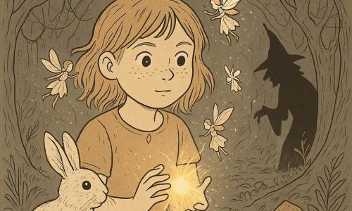 Una niña de 8 años, Luna, rostro redondo con pecas, ojos grandes y curiosos, expresión decidida y tierna; cabello rubio medio y enmarañado, sostiene una pequeña esfera de luz entre las manos y corta hilos dorados. A su lado hay un conejito blanco de orejas largas y pelaje texturizado, apoyado en las patas traseras mirando la esfera. Varias haditas diminutas, con alas y vestidos de pétalos y polvo brillante alrededor, flotan aliviadas sobre y alrededor de Luna. La bruja no aparece en primer plano, solo su sombra amenazante proyectada en un árbol detrás, con silueta encorvada y sombrero puntiagudo. El lugar es un claro forestal oscuro con árboles nudosos formando un arco, lianas y telas de araña de hilos dorados colgantes, setas y hierbas salvajes en el suelo. Situación: Luna, con valentía tranquila, libera a las hadas atrapadas en una telaraña de hilos dorados; la luz que crea disipa la penumbra y revela las texturas de la madera y las hojas.