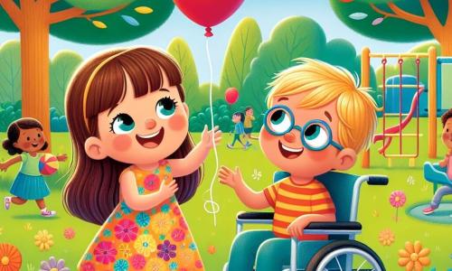 Ein 3-jähriges Mädchen namens Lena mit langen braunen Haaren und funkelnden Augen lächelt breit, während sie in einem sonnigen Park spielt. Sie trägt ein buntes Kleid mit Blumenmustern und hält einen roten Ballon in der Hand. Neben ihr sitzt Max, ein 4-jähriger Junge im Rollstuhl. Er hat blonde Haare und eine runde Brille, die ihm einen schelmischen Ausdruck verleiht. Max lacht, während er versucht, den Ballon zu fangen, den Lena ihm zuwirft. Der Park ist grün mit majestätischen Bäumen und bunten Blumen, die im Wind tanzen. Im Hintergrund sieht man eine Rutsche und Schaukeln, auf denen andere Kinder fröhlich spielen. Die Hauptsituation zeigt Lena und Max, die zusammen spielen, wobei Lena den Ballon zu Max wirft, der ihn mit einem großen Lächeln fangen will. Diese Szene verdeutlicht Freundschaft und die Freude am gemeinsamen Spiel und zeigt, dass eine Behinderung den Spaß und die Freundschaft nicht einschränkt.