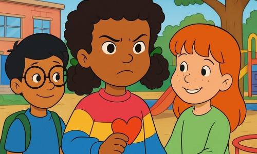 An 8-year-old girl named Maya, with thick curly hair adorned with two small braids tied with green ribbons, stands with a determined and brave expression. She wears a colorful sweater and holds a small paper heart in her hand. Next to her, Lila, an 8-year-old girl with freckles and red hair, smiles warmly and holds Maya's hand. Raj, an 8-year-old boy with glasses and black hair, stands on the other side of Maya, showing a supportive demeanor. They are all in the school playground, surrounded by colorful play equipment and a large tree in the center. The scene depicts a moment of solidarity and courage, where the children stand together, forming a circle of friendship and support.