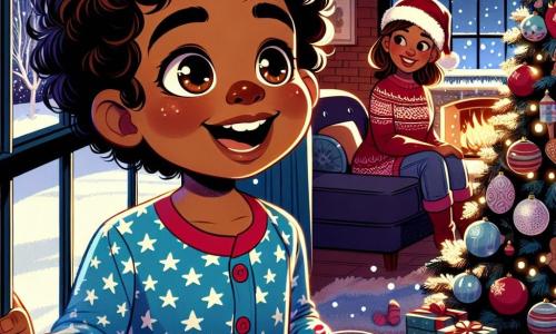 Um menino de 4 anos, Miguel, com cabelos castanhos e cacheados e olhos brilhantes de curiosidade, está diante de uma janela, maravilhado com a neve que cai. Ele veste um pijama azul com estampas de estrelas, e um grande sorriso ilumina seu rosto, expressando sua alegria e empolgação. Ao lado dele, sua mãe, uma mulher de cerca de 30 anos, com longos cabelos castanhos e um suéter vermelho festivo, o observa com ternura. Ela está sentada no sofá, cercada por decorações de Natal, e lhe pisca o olho, compartilhando esse momento mágico. A cena acontece em uma sala aconchegante, decorada com luzes cintilantes, uma majestosa árvore de Natal adornada com bolas coloridas e uma lareira onde crepita um fogo suave. Flocos de neve caem suavemente do lado de fora, criando uma atmosfera encantadora. Miguel, cheio de entusiasmo, se prepara para esperar o Papai Noel, com um copo de leite e um biscoito na mesa ao seu lado, enquanto sonha com a aventura mágica que o aguarda naquela noite.