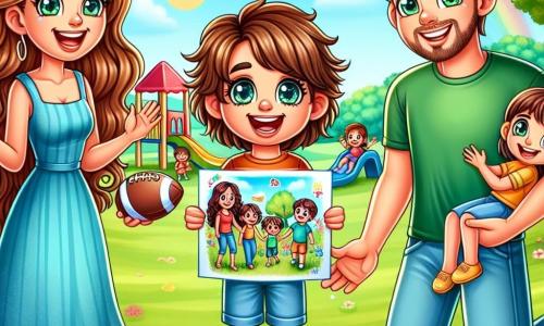 Um menino de seis anos, chamado Pedro, com cabelos castanhos e olhos brilhantes, está no centro da imagem, sorrindo enquanto segura um desenho colorido que representa sua família. À sua direita, sua mãe, uma mulher na casa dos trinta anos com cabelos longos e cacheados, usa um vestido azul e olha para o filho com ternura, com os braços abertos como se fosse abraçá-lo. À sua esquerda, seu pai, um homem na casa dos trinta anos com cabelos curtos e uma barba leve, veste uma camiseta verde e sorri orgulhosamente segurando uma bola de futebol. O cenário acontece em um parque ensolarado, com árvores verdejantes, flores coloridas e um céu azul claro. Ao fundo, pode-se ver um escorregador e crianças brincando alegremente. A situação principal mostra Pedro, cercado por seus pais, felizes e unidos apesar da separação, ilustrando o amor e o apoio familiar.