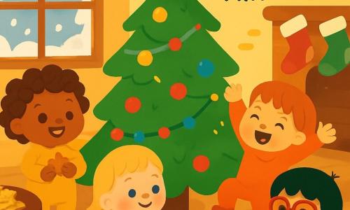 Há 4 crianças: Ana, uma menina de 1 ano com cabelos cacheados castanhos e um sorriso radiante, está em pé segurando uma pequena estrela dourada. Lia, também de 1 ano, com cabelos lisos loiros e bochechas rosadas, está sentada perto da árvore de Natal, decorando um galho com uma guirlanda colorida. Mia, com cabelos ruivos e olhos brilhantes, pula de alegria com os braços levantados na frente da árvore. Sol, com cabelos negros e óculos em forma de coração, está agachada brincando com um pequeno boneco de gengibre no tapete. O ambiente é uma casa acolhedora decorada para o Natal, com uma grande árvore iluminada no centro, guirlandas brilhantes nas paredes e flocos de neve caindo suavemente do lado de fora. Meias coloridas estão penduradas na lareira e biscoitos em forma de estrelas estão sobre uma mesa de madeira. As quatro meninas decoram a árvore de Natal, rindo e brincando juntas, criando uma atmosfera alegre e mágica.