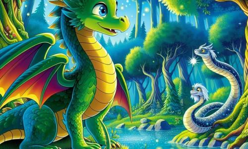 Un tânăr dragon numit Nari, cu solzi verzi strălucitori și ochi plini de curiozitate, stă pe marginea unui lac magic, cu aripile mari desfăcute în spate. Are o expresie hotărâtă, pregătit să descopere secretul pietrei timpului. Aproape, un bătrân șarpe argintiu, cu solzi strălucitori și ochi înțelepți, îl observă pe Nari cu un zâmbet binevoitor, așezat pe o piatră acoperită de mușchi, ca și cum ar fi acolo pentru a-l ghida pe dragon în căutarea sa. Decorul este o pădure fermecată, unde copaci majestuoși cu trunchiuri groase se ridică spre cer, frunzele verzi strălucitoare filtrând lumina soarelui, creând modele dansante pe sol. Lacul, de un albastru cristalin, reflectă culorile vii ale naturii înconjurătoare, adăugând o notă de magie scenei. Nari, hotărât să înțeleagă misterul pietrei timpului, se apleacă spre apele strălucitoare, pregătit să se avânte în aventura care îl așteaptă.