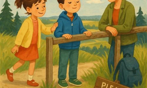 Three characters: Milo, an ~8-year-old boy with short brown hair, a blue jacket and green sneakers, standing center with hands on a worn light-wood railing, eyes closed listening to the wind; Lila, an ~8-year-old girl with messy brown ponytail and pale yellow cardigan, slightly left of Milo, one foot forward as if she just turned, smiling subtly and gently pushing him; Mum, an adult woman with tied-up hair and khaki jacket, leaning on the railing to Milo’s right with a backpack on the ground. Setting: a small hilltop viewpoint with waving pale green tall grasses, bright new shoots by the path, a partly sunken slanted wooden sign painted “PLEASE STAY ON THE TRAIL,” dark pines in the background and a wide horizon of rolling fields under a pale blue sky with fluffy clouds. Scene: the three listening to the wind, grasses and leaves stirred, morning light on their faces; textured gouache style, soft saturated colors, visible brushstrokes, calm attentive mood.