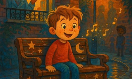 A 6-year-old boy with tousled light-brown hair, big curious eyes and freckles sits smiling on a carved dark wooden bench humming a tune as his hands rest on star-and-moon motifs; the antique bench seems alive—tilted as if breathing, with fine golden cracks, rolling on iron casters under warm lamplight—while a 60-year-old clockmaker in a dusty coat, gray hair and round glasses waves from the shop window; the narrow cobbled alley at dusk, with wet shiny stones, vine-covered brick walls and a clock-shop balcony of hanging clocks, awakens as musical notes appear as glowing threads and blurred silhouetted memories on the walls, creating a magical, warm atmosphere.