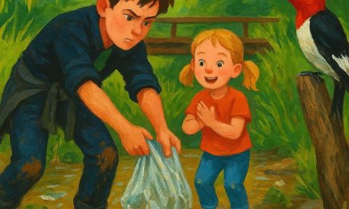 A 12-year-old boy, Milo, focused and determined with messy brown hair and a jacket tied at his waist, rolls up his sleeves to reach a plastic bag trapped in the reeds of a neighborhood stream, mud on his kneepads; his 6-year-old sister Tessa, with blonde pigtails, stands on the path holding a stick and clapping softly, a red-headed woodpecker perches on a nearby trunk watching, the stream lined with willows and tall grass, brown water and slippery stones, scattered litter and a red ribbon on a distant wooden bridge — a warm late-morning scene of the boy rescuing the bag while his sister encourages him, evoking hope and camaraderie.