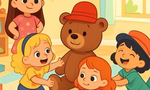 There are 4 children: Mia, a 5-year-old girl with long brown hair wearing a pink dress with stars, stands with her hands on her hips and a protective smile. Ruby, also 5, has curly blonde hair and wears a yellow t-shirt with a cat design. She is crouching, reaching for a large teddy bear, Mr. Fluffypaws. Ellie, another 5-year-old, has red hair and wears a blue polka dot skirt. She sits on the carpet, gently pulling the bear's paw with a determined look. Zoe, the last 5-year-old, has black hair and wears a green jumpsuit. She lies on the carpet, laughing with a red hat on her head, imitating Mr. Fluffypaws. The scene takes place in a bright playroom with a large soft carpet and pastel-colored walls, filled with scattered toys, including colorful blocks, stuffed animals, and shiny-covered books. Sunlight streams through a large window, creating a joyful and warm atmosphere. The main situation shows the sisters playing together, laughing and sharing hugs with Mr. Fluffypaws, enjoying a cheerful hat parade, each wearing a fun accessory while dancing and singing, creating an atmosphere of happiness and camaraderie.