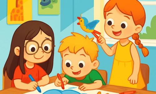 There are three characters: Mia, a 7-year-old girl with long brown hair and round glasses, sitting at a table holding a blue crayon and drawing a large smiling elephant; Jack, a 6-year-old boy with messy blonde hair and a green t-shirt, next to Mia, drawing a small rabbit on paper; and Lily, a 7-year-old girl with braided red hair and a yellow dress, standing behind the table, drawing a colorful bird flying in the sky. The setting is a bright classroom with light blue walls and sunny windows. Colorful animal posters decorate the walls, and crayons and papers are scattered on the wooden table. The main scene shows the three friends working together on a large poster, surrounded by colored crayons and stickers, happily sharing ideas and creating a vibrant piece of art.