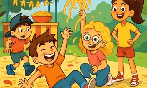 There are four children: Sam, a boy about 10 years old with messy brown hair and a wide mischievous smile, sliding on the spaghetti-covered ground with his arms in the air, laughing loudly; Maya, a girl about 9 years old with big golden curls and colorful glasses, crouched down ready to throw a handful of spaghetti into the air, her face beaming with mischief; Leo, a boy about 10 years old with black hair and a backward cap, stumbling in suction-cup shoes, wide-eyed in surprise as he tries to keep his balance; and Zoe, an 11-year-old girl with long, straight hair tied in a ponytail, standing confidently with her hands on her hips, smiling broadly and ready to cheer on her friends. The setting is a city park filled with laughter and bright colors, with food stalls decorated with pasta garlands and splashes of sauce. The ground is a sea of slippery spaghetti, with bright red tomato sauce splatters and shimmering drops of olive oil in the sun. The main scene shows the four friends in the middle of a hilarious race, each trying not to fall while laughing, with flying spaghetti around them, creating a joyful and surprising atmosphere.