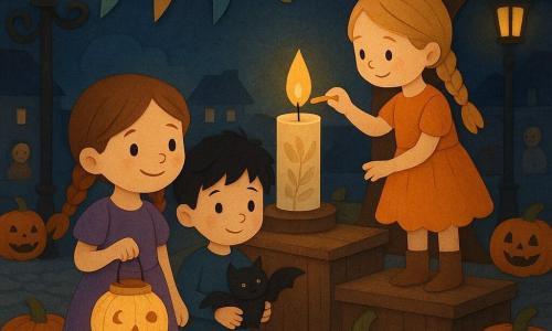 A festive, calm nighttime village square: a round‑faced 6‑year‑old girl with freckles, brown pigtails, a purple dress and boots holds a painted paper lantern of smiling moons; beside her Leo, a shy‑then‑reassured ~6‑year‑old boy with tousled black hair and a small toy bat under his arm (and a tiny friendly bat perched on his shoulder), watches the lantern; a ~7‑year‑old girl in a pumpkin dress with a blonde braid stands on a small wooden platform and lights a match to a large carved‑leaf candle; cobblestone streets, wrought‑iron lampposts, carved pumpkins along the path, colorful ribbon garlands, and a big oak with the platform form the scene as the children light the central candle, casting warm soft light and long comforting shadows, with moon‑shaped cookies on a nearby table and smiling neighbors in the background.