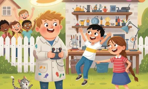 A boy, Max, about 13, round-faced with freckles and messy light brown hair, enthusiastic and confident, wearing a paint-stained inventor's smock, holds the joystick of the floating round glowing 