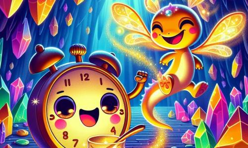 Tic, um pequeno relógio de pulso com um rosto sorridente e ponteiros coloridos, está no centro da cena, com os olhos brilhando de excitação enquanto mistura uma poção luminosa em um frasco cintilante. Ao seu lado, Lumis, um pequeno dragão de luz com escamas douradas e asas translúcidas, flutua alegremente, emitindo faíscas de magia e incentivando Tic com um sorriso caloroso. A cena acontece em uma caverna profunda, onde as paredes são adornadas com cristais cintilantes que refletem cores vivas, e sombras dançam ao redor, criando uma atmosfera misteriosa e mágica. No fundo da caverna, uma sombra triste se transforma lentamente em uma criatura de luz, enquanto Tic e Lumis se preparam para liberar a magia da amizade e trazer de volta a alegria.