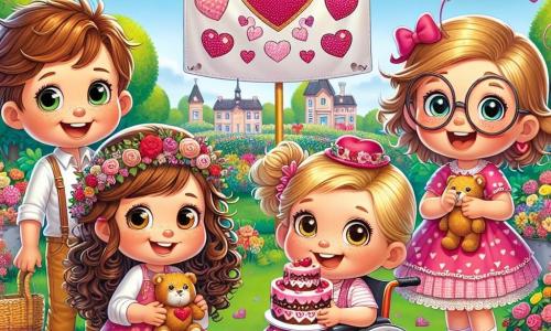 In un parco soleggiato, quattro bambini si sono riuniti per festeggiare una festa di San Valentino. Sofia, una ragazza di sette anni con lunghi capelli ricci e un grande sorriso, indossa un cappello a forma di cuore e tiene un grande cartello decorato con cuori. Giulia, anch'essa di sette anni, ha capelli castani e occhiali rotondi; si trova a destra di Sofia, ridendo mentre tiene un piccolo gatto di peluche. Marta, a sinistra di Sofia, è seduta nella sua carrozzina, ha capelli biondi e indossa un abito colorato, sorridendo mentre tiene un indizio della caccia al tesoro. Anna, la più piccola con i suoi sei anni, è davanti a Sofia, con le guance piene di torta; ha capelli corti e indossa un vestito rosa, tenendo un grande pezzo di torta a forma di cuore. Il parco è pieno di fiori colorati, alberi verdi e palloncini a forma di cuore. Un grande pannello decorato con cuori rossi e rosa è installato dietro di loro, e una tavola piena di dolci è visibile accanto. I bambini ridono e si divertono insieme, celebrando la loro amicizia con una grande caccia al tesoro, dove ogni indizio è un cuore con un messaggio sull'amicizia.